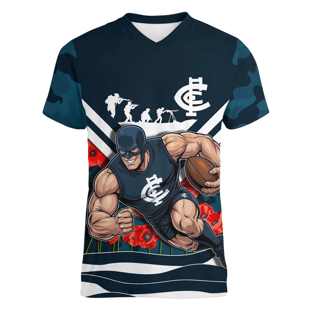 Personalised Carlton Blues ANZAC Women V-Neck T-Shirt Military Remembrance Australian Football Mascot Camouflage