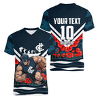 Personalised Carlton Blues ANZAC Women V-Neck T-Shirt Military Remembrance Australian Football Mascot Camouflage