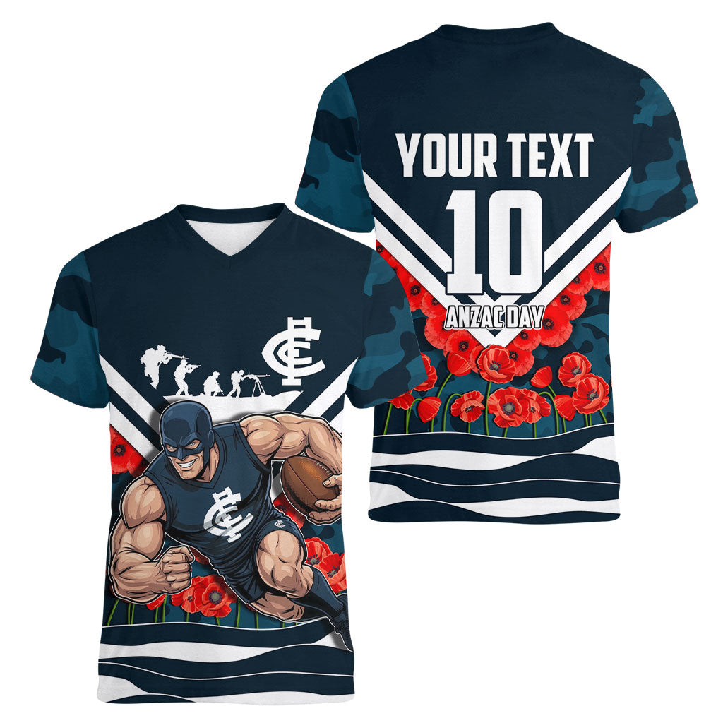 Personalised Carlton Blues ANZAC Women V-Neck T-Shirt Military Remembrance Australian Football Mascot Camouflage