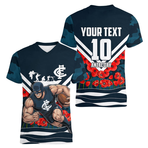 Personalised Carlton Blues ANZAC Women V-Neck T-Shirt Military Remembrance Australian Football Mascot Camouflage