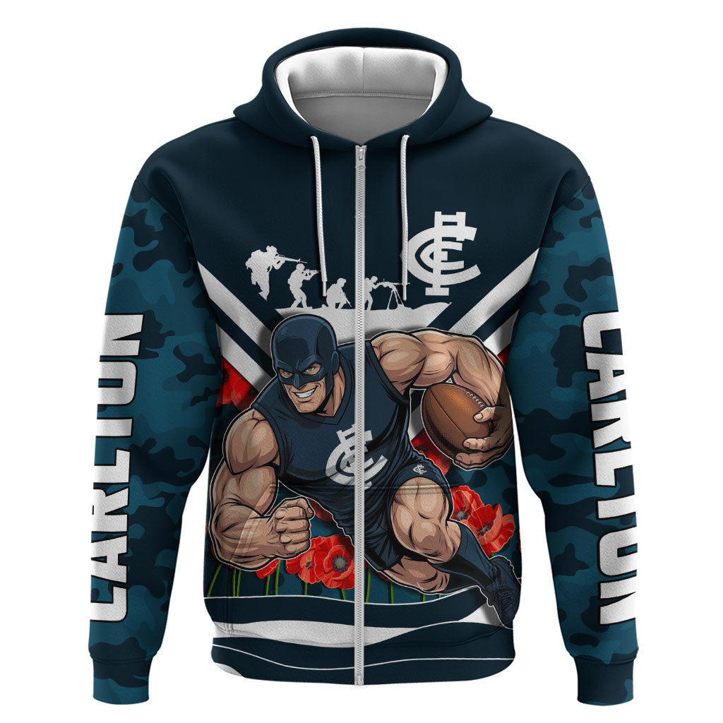 Personalised Carlton Blues ANZAC Zip Hoodie Military Remembrance Australian Football Mascot Camouflage