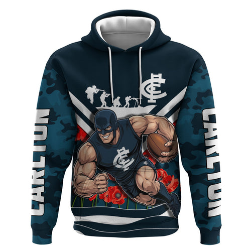Personalised Carlton Blues ANZAC Zip Hoodie Military Remembrance Australian Football Mascot Camouflage