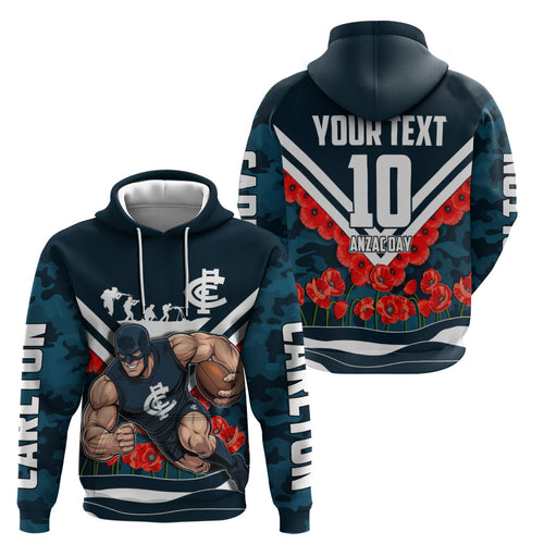 Personalised Carlton Blues ANZAC Zip Hoodie Military Remembrance Australian Football Mascot Camouflage