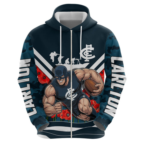 Personalised Carlton Blues ANZAC Zip Hoodie Military Remembrance Australian Football Mascot Camouflage