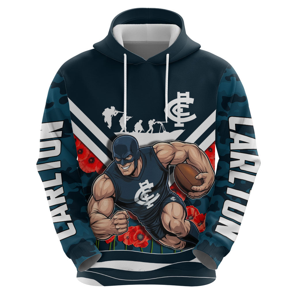 Personalised Carlton Blues ANZAC Zip Hoodie Military Remembrance Australian Football Mascot Camouflage