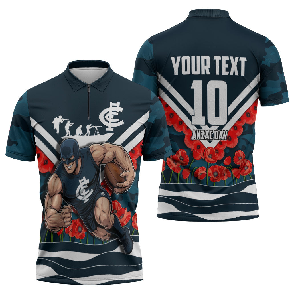 Personalised Carlton Blues ANZAC Zipper Polo Shirt Military Remembrance Australian Football Mascot Camouflage