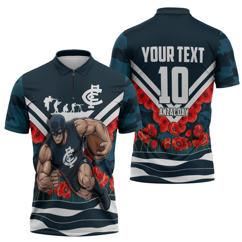 Personalised Carlton Blues ANZAC Zipper Polo Shirt Military Remembrance Australian Football Mascot Camouflage