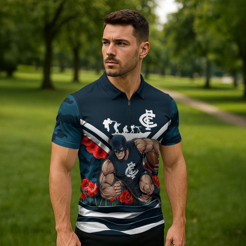 Personalised Carlton Blues ANZAC Zipper Polo Shirt Military Remembrance Australian Football Mascot Camouflage