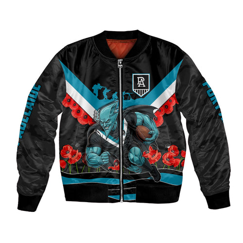 Personalised Port Adelaide Power ANZAC Bomber Jacket Military Remembrance Australian Football Mascot Camouflage