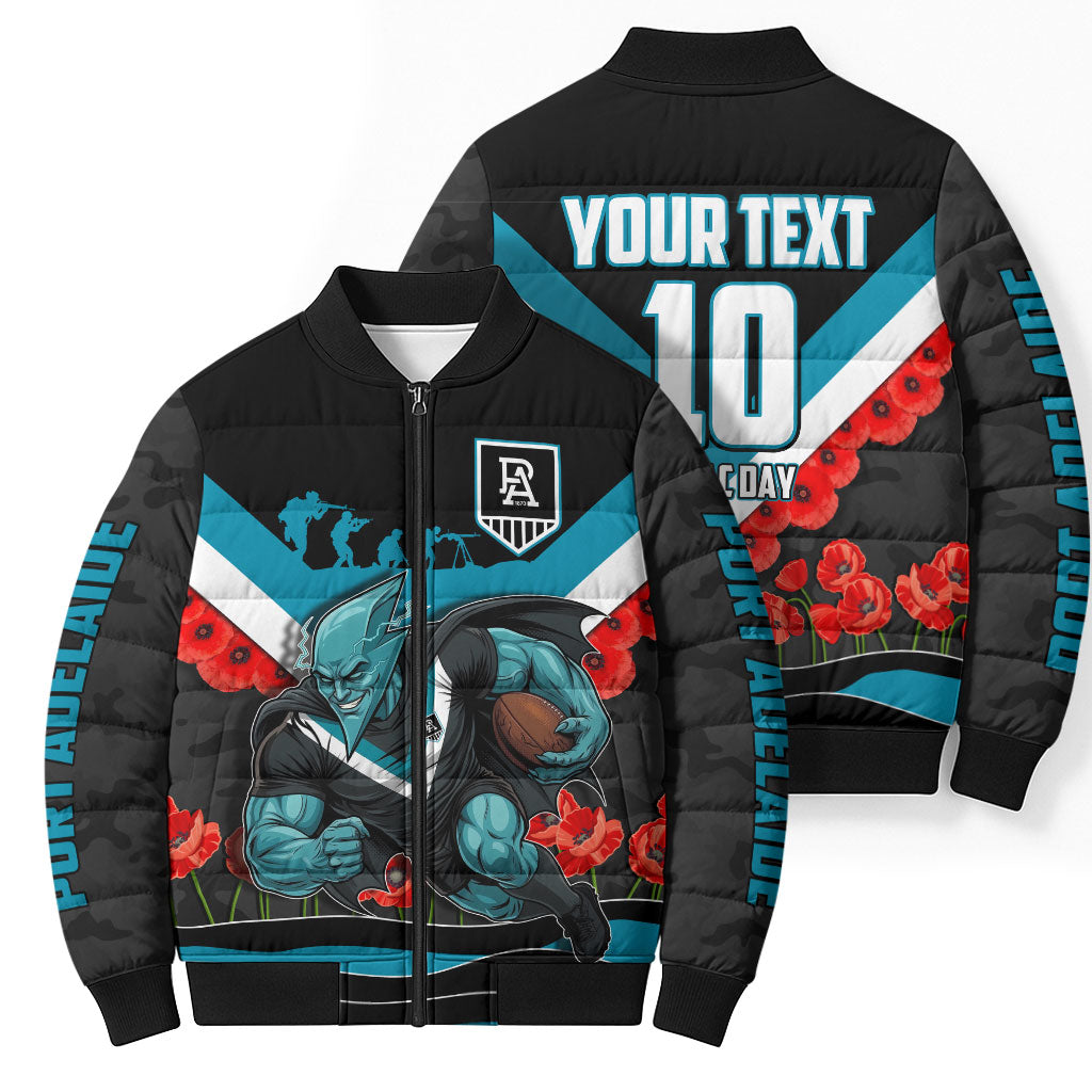 Personalised Port Adelaide Power ANZAC Bomber Puffer Jacket Military Remembrance Australian Football Mascot Camouflage