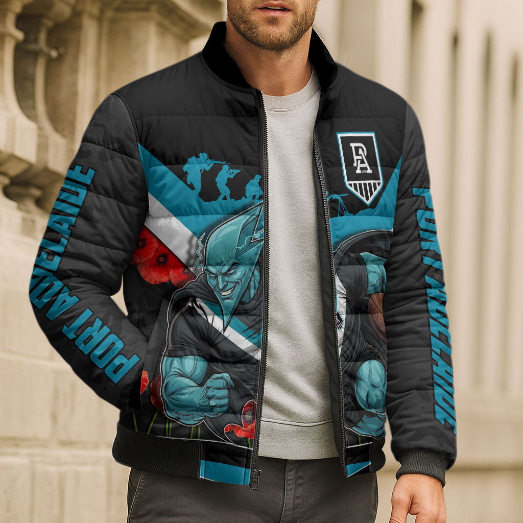 Personalised Port Adelaide Power ANZAC Bomber Puffer Jacket Military Remembrance Australian Football Mascot Camouflage