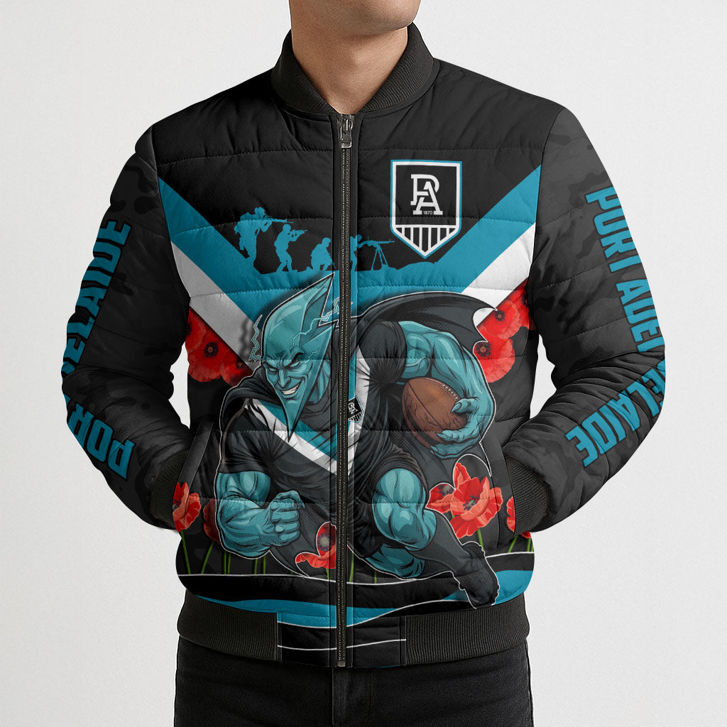 Personalised Port Adelaide Power ANZAC Bomber Puffer Jacket Military Remembrance Australian Football Mascot Camouflage