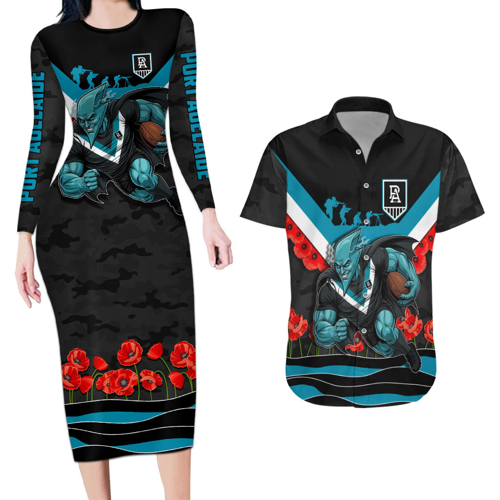 Personalised Port Adelaide Power ANZAC Couples Matching Long Sleeve Bodycon Dress and Hawaiian Shirt Military Remembrance Australian Football Mascot Camouflage