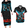 Personalised Port Adelaide Power ANZAC Couples Matching Long Sleeve Bodycon Dress and Hawaiian Shirt Military Remembrance Australian Football Mascot Camouflage