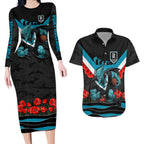 Personalised Port Adelaide Power ANZAC Couples Matching Long Sleeve Bodycon Dress and Hawaiian Shirt Military Remembrance Australian Football Mascot Camouflage
