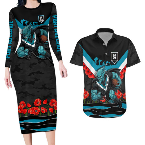 Personalised Port Adelaide Power ANZAC Couples Matching Long Sleeve Bodycon Dress and Hawaiian Shirt Military Remembrance Australian Football Mascot Camouflage