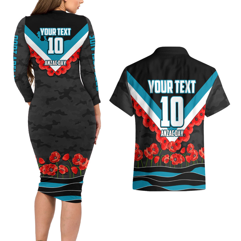 Personalised Port Adelaide Power ANZAC Couples Matching Long Sleeve Bodycon Dress and Hawaiian Shirt Military Remembrance Australian Football Mascot Camouflage