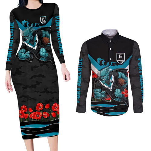 Personalised Port Adelaide Power ANZAC Couples Matching Long Sleeve Bodycon Dress and Long Sleeve Button Shirt Military Remembrance Australian Football Mascot Camouflage