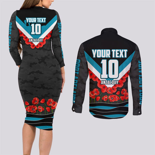 Personalised Port Adelaide Power ANZAC Couples Matching Long Sleeve Bodycon Dress and Long Sleeve Button Shirt Military Remembrance Australian Football Mascot Camouflage
