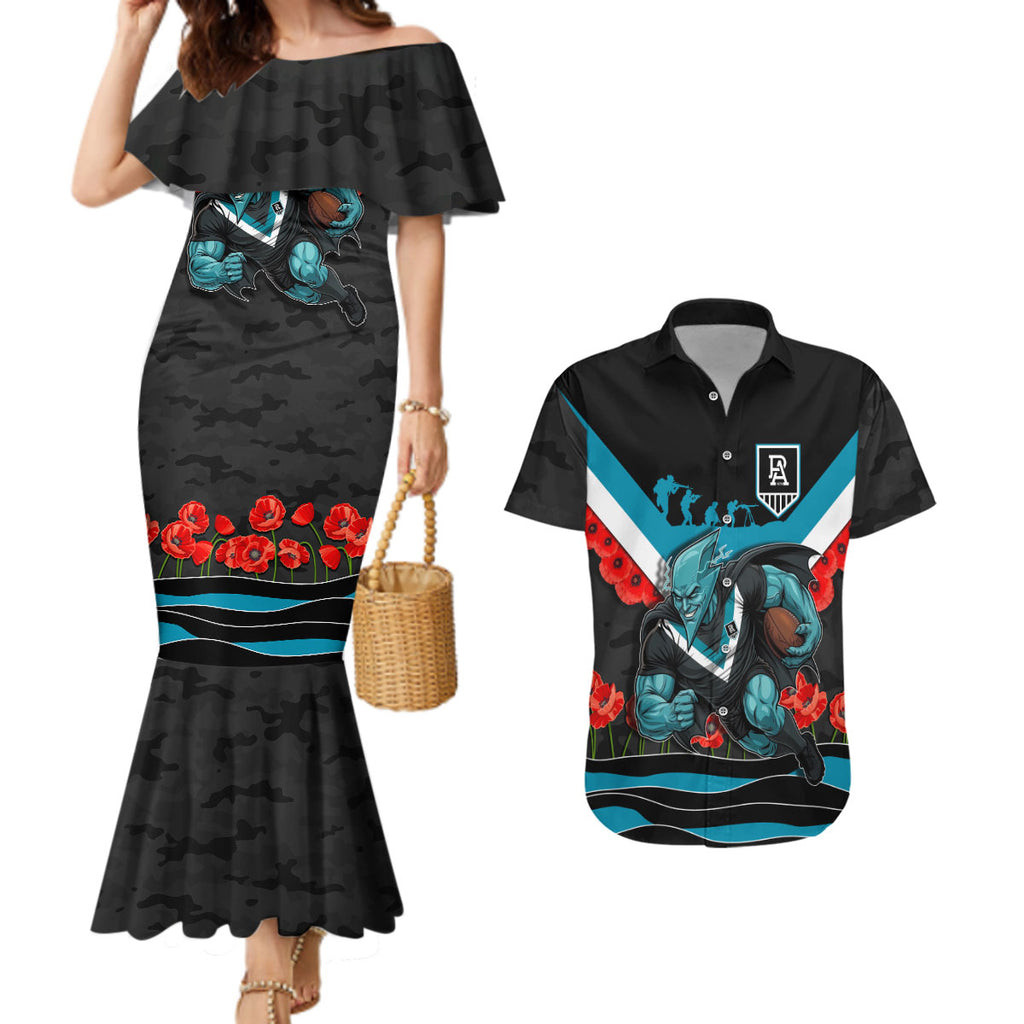 Personalised Port Adelaide Power ANZAC Couples Matching Mermaid Dress and Hawaiian Shirt Military Remembrance Australian Football Mascot Camouflage