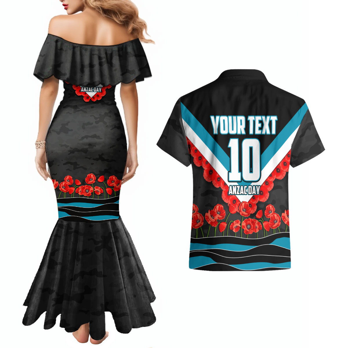 Personalised Port Adelaide Power ANZAC Couples Matching Mermaid Dress and Hawaiian Shirt Military Remembrance Australian Football Mascot Camouflage