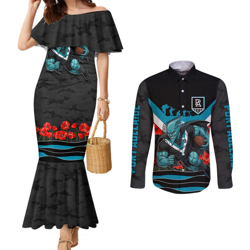 Personalised Port Adelaide Power ANZAC Couples Matching Mermaid Dress and Long Sleeve Button Shirt Military Remembrance Australian Football Mascot Camouflage