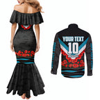Personalised Port Adelaide Power ANZAC Couples Matching Mermaid Dress and Long Sleeve Button Shirt Military Remembrance Australian Football Mascot Camouflage