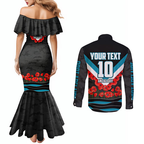 Personalised Port Adelaide Power ANZAC Couples Matching Mermaid Dress and Long Sleeve Button Shirt Military Remembrance Australian Football Mascot Camouflage