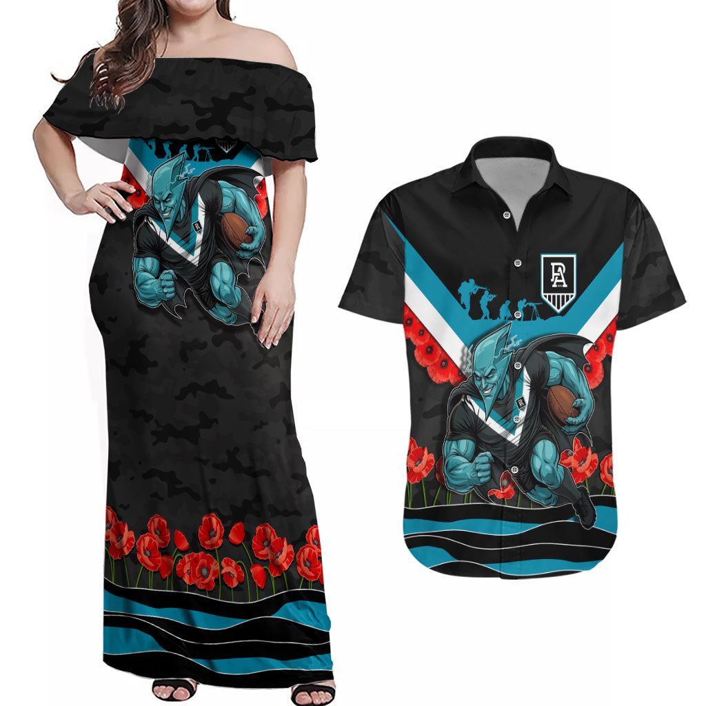 Personalised Port Adelaide Power ANZAC Couples Matching Off Shoulder Maxi Dress and Hawaiian Shirt Military Remembrance Australian Football Mascot Camouflage
