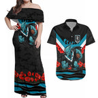Personalised Port Adelaide Power ANZAC Couples Matching Off Shoulder Maxi Dress and Hawaiian Shirt Military Remembrance Australian Football Mascot Camouflage