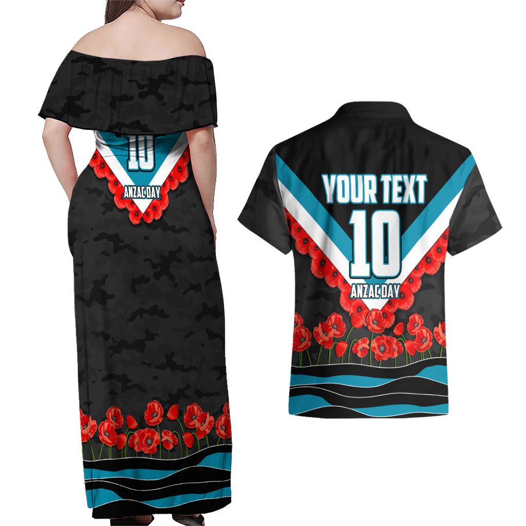 Personalised Port Adelaide Power ANZAC Couples Matching Off Shoulder Maxi Dress and Hawaiian Shirt Military Remembrance Australian Football Mascot Camouflage
