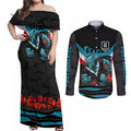 Personalised Port Adelaide Power ANZAC Couples Matching Off Shoulder Maxi Dress and Long Sleeve Button Shirt Military Remembrance Australian Football Mascot Camouflage
