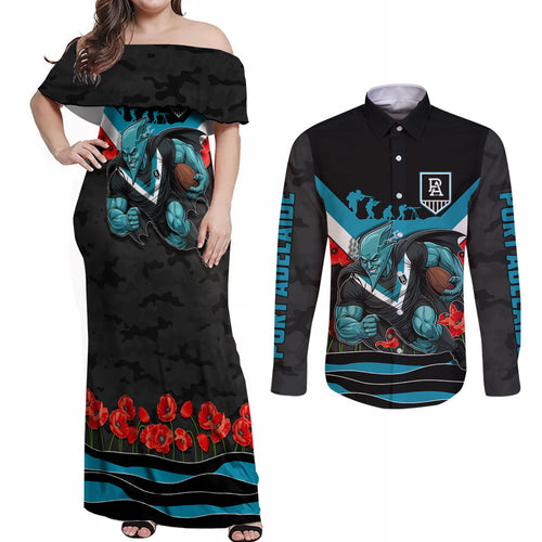 Personalised Port Adelaide Power ANZAC Couples Matching Off Shoulder Maxi Dress and Long Sleeve Button Shirt Military Remembrance Australian Football Mascot Camouflage