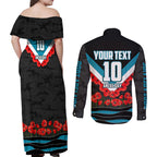 Personalised Port Adelaide Power ANZAC Couples Matching Off Shoulder Maxi Dress and Long Sleeve Button Shirt Military Remembrance Australian Football Mascot Camouflage
