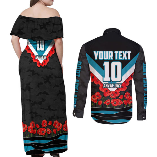 Personalised Port Adelaide Power ANZAC Couples Matching Off Shoulder Maxi Dress and Long Sleeve Button Shirt Military Remembrance Australian Football Mascot Camouflage
