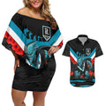 Personalised Port Adelaide Power ANZAC Couples Matching Off Shoulder Short Dress and Hawaiian Shirt Military Remembrance Australian Football Mascot Camouflage