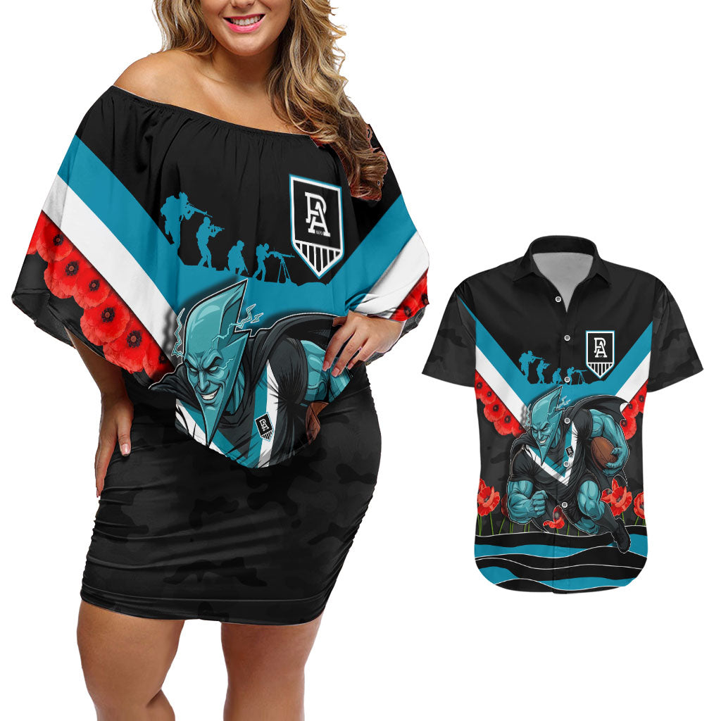Personalised Port Adelaide Power ANZAC Couples Matching Off Shoulder Short Dress and Hawaiian Shirt Military Remembrance Australian Football Mascot Camouflage