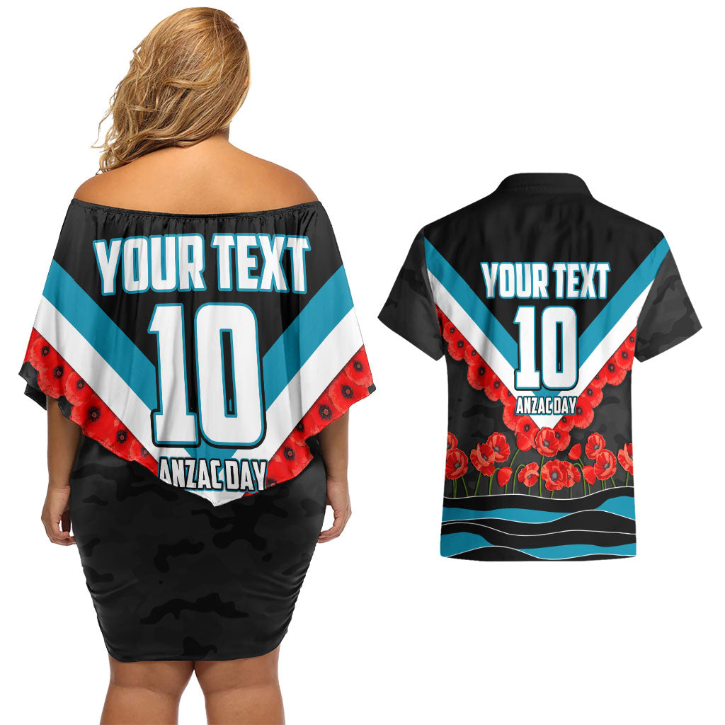 Personalised Port Adelaide Power ANZAC Couples Matching Off Shoulder Short Dress and Hawaiian Shirt Military Remembrance Australian Football Mascot Camouflage
