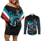 Personalised Port Adelaide Power ANZAC Couples Matching Off Shoulder Short Dress and Long Sleeve Button Shirt Military Remembrance Australian Football Mascot Camouflage