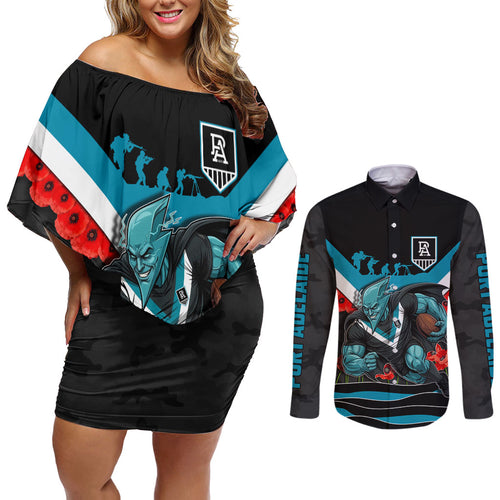 Personalised Port Adelaide Power ANZAC Couples Matching Off Shoulder Short Dress and Long Sleeve Button Shirt Military Remembrance Australian Football Mascot Camouflage