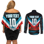 Personalised Port Adelaide Power ANZAC Couples Matching Off Shoulder Short Dress and Long Sleeve Button Shirt Military Remembrance Australian Football Mascot Camouflage