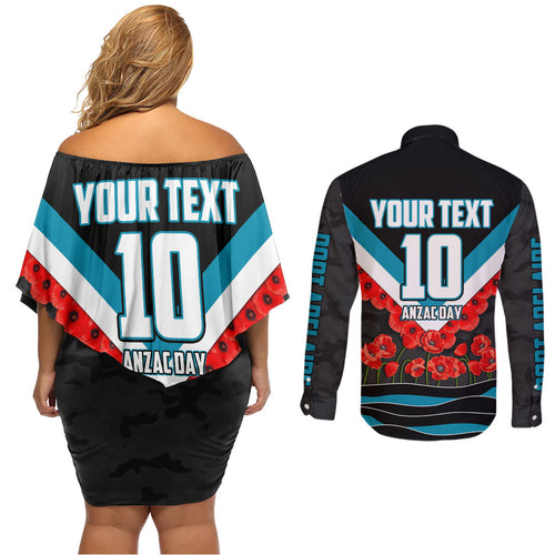 Personalised Port Adelaide Power ANZAC Couples Matching Off Shoulder Short Dress and Long Sleeve Button Shirt Military Remembrance Australian Football Mascot Camouflage