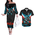 Personalised Port Adelaide Power ANZAC Couples Matching Off The Shoulder Long Sleeve Dress and Hawaiian Shirt Military Remembrance Australian Football Mascot Camouflage