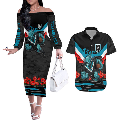 Personalised Port Adelaide Power ANZAC Couples Matching Off The Shoulder Long Sleeve Dress and Hawaiian Shirt Military Remembrance Australian Football Mascot Camouflage