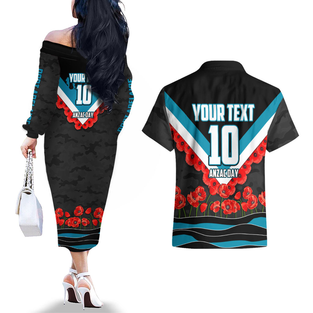 Personalised Port Adelaide Power ANZAC Couples Matching Off The Shoulder Long Sleeve Dress and Hawaiian Shirt Military Remembrance Australian Football Mascot Camouflage