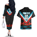 Personalised Port Adelaide Power ANZAC Couples Matching Off The Shoulder Long Sleeve Dress and Hawaiian Shirt Military Remembrance Australian Football Mascot Camouflage