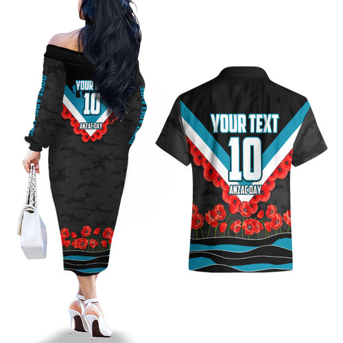 Personalised Port Adelaide Power ANZAC Couples Matching Off The Shoulder Long Sleeve Dress and Hawaiian Shirt Military Remembrance Australian Football Mascot Camouflage