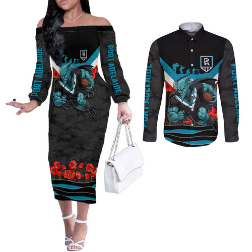 Personalised Port Adelaide Power ANZAC Couples Matching Off The Shoulder Long Sleeve Dress and Long Sleeve Button Shirt Military Remembrance Australian Football Mascot Camouflage