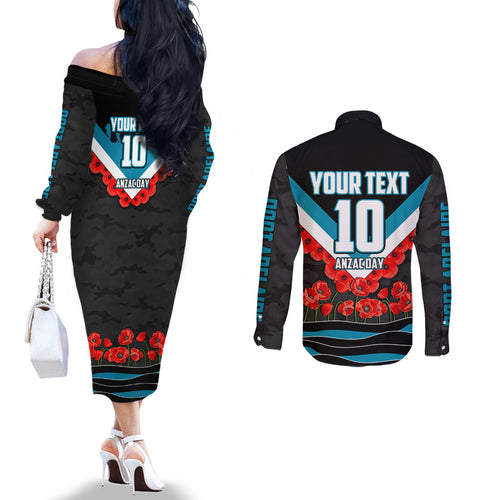 Personalised Port Adelaide Power ANZAC Couples Matching Off The Shoulder Long Sleeve Dress and Long Sleeve Button Shirt Military Remembrance Australian Football Mascot Camouflage
