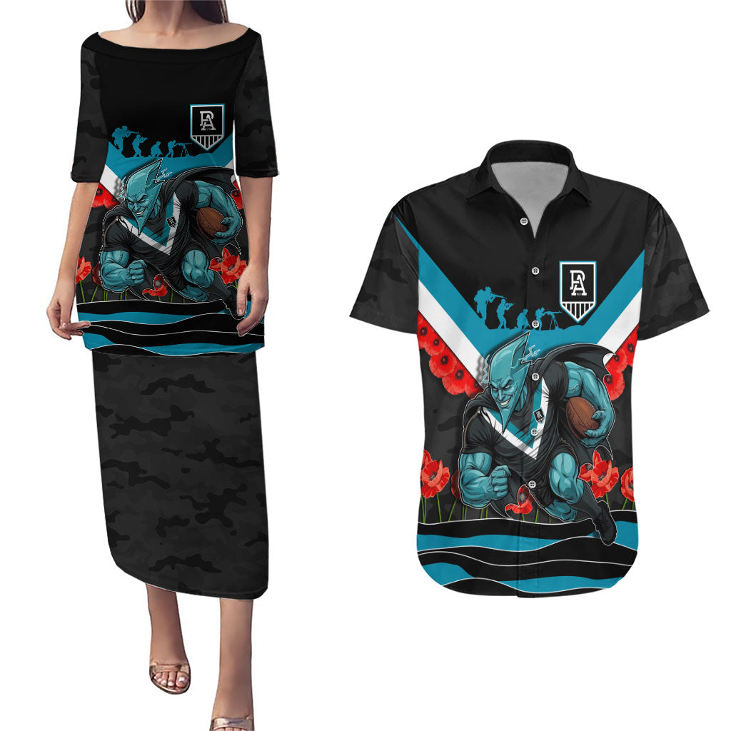 Personalised Port Adelaide Power ANZAC Couples Matching Puletasi and Hawaiian Shirt Military Remembrance Australian Football Mascot Camouflage